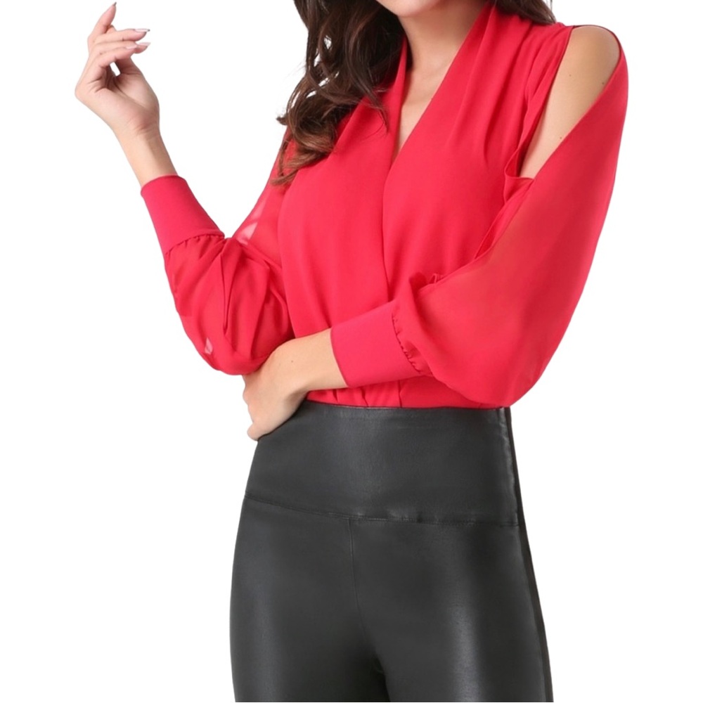 Bebe Cutout Sleeve Silk Wrap Bodysuit Teaberry XS - Picture 2 of 15